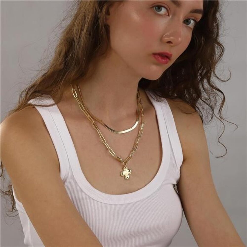 Chunky Cross Necklace for Women Trendy 14K Gold Silver Layered Statement Cross - Picture 4 of 7